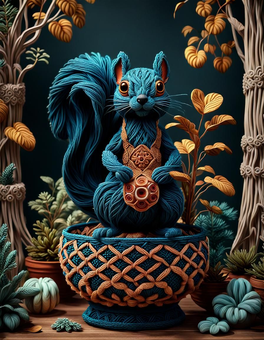 Macrame Squirrel Planter: Detailed Fantasy Concept Art