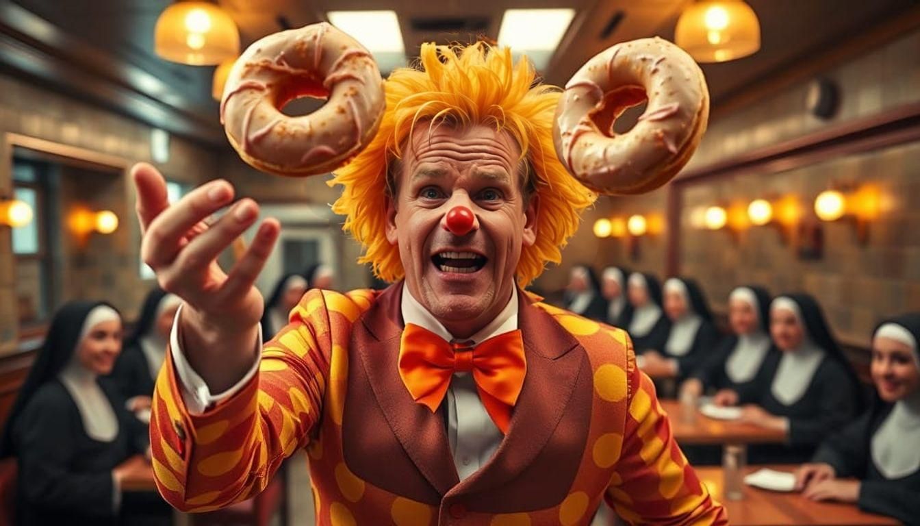 Gordon Ramsay as a Juggling Clown in a Vibrant Kitchen Night...