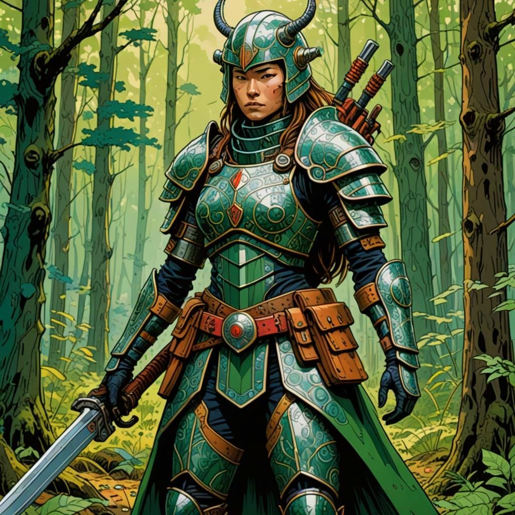 Surreal Warrior in Vibrant Forest Armor
