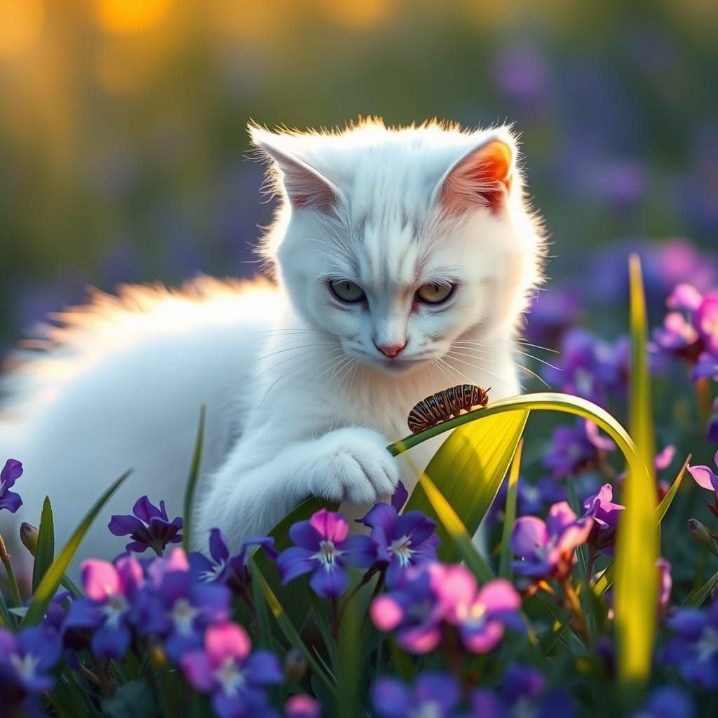 A Whimsical White Cat Discovers a Delicate Caterpillar in a....