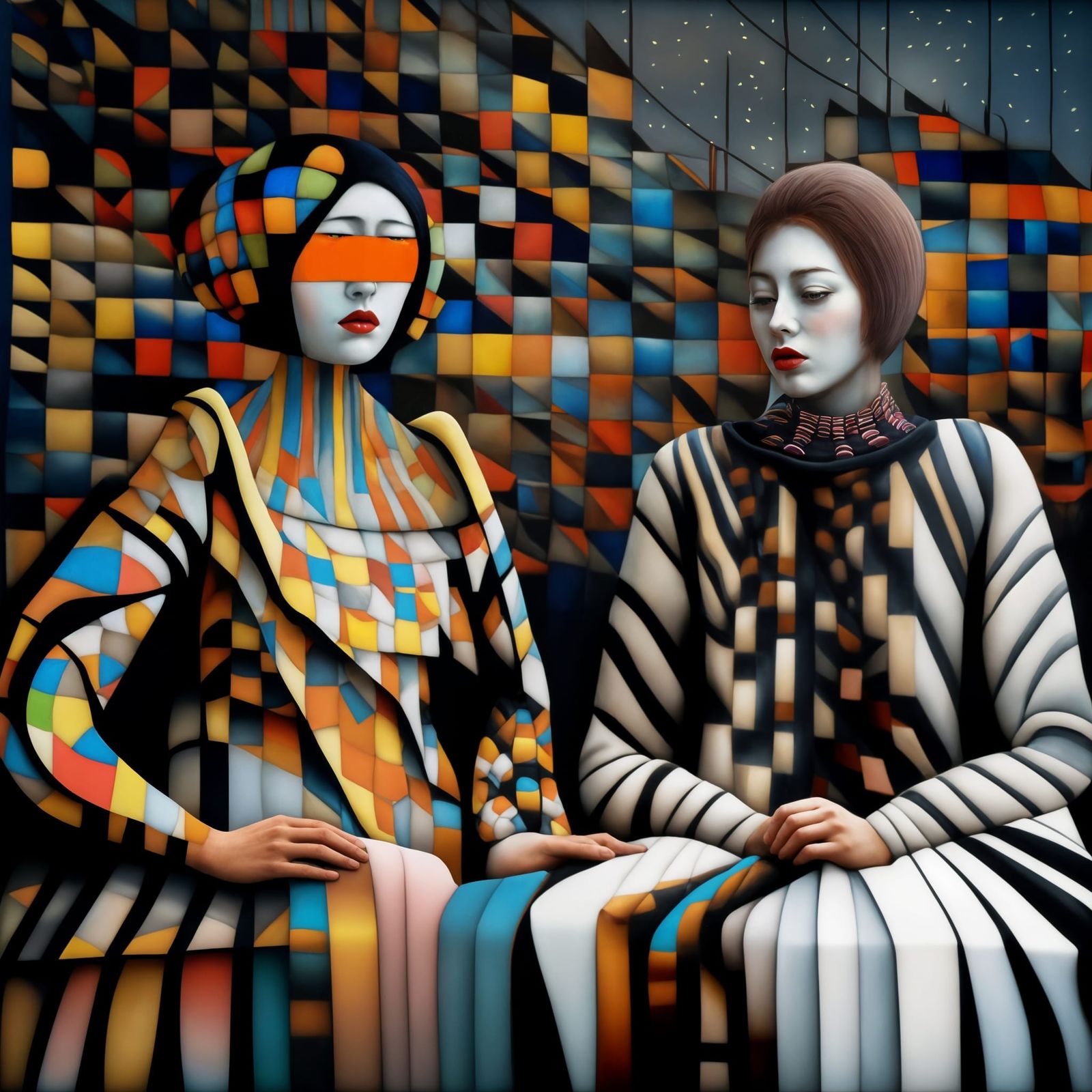 Polychromatic Abstract Cityscape with Alien Pets