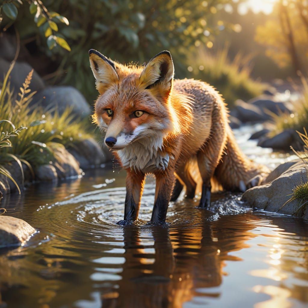 Fox Drinks From Stream in Watercolor