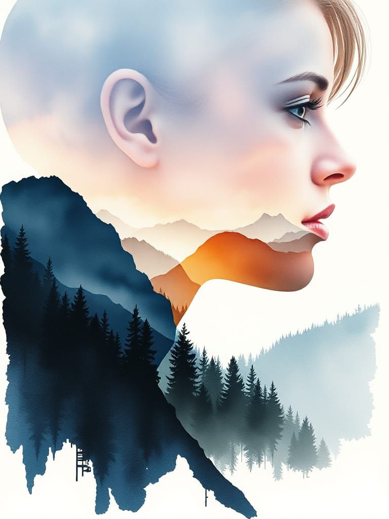 Swedish Woman Silhouette Merged with Mountain Forest Landsca...