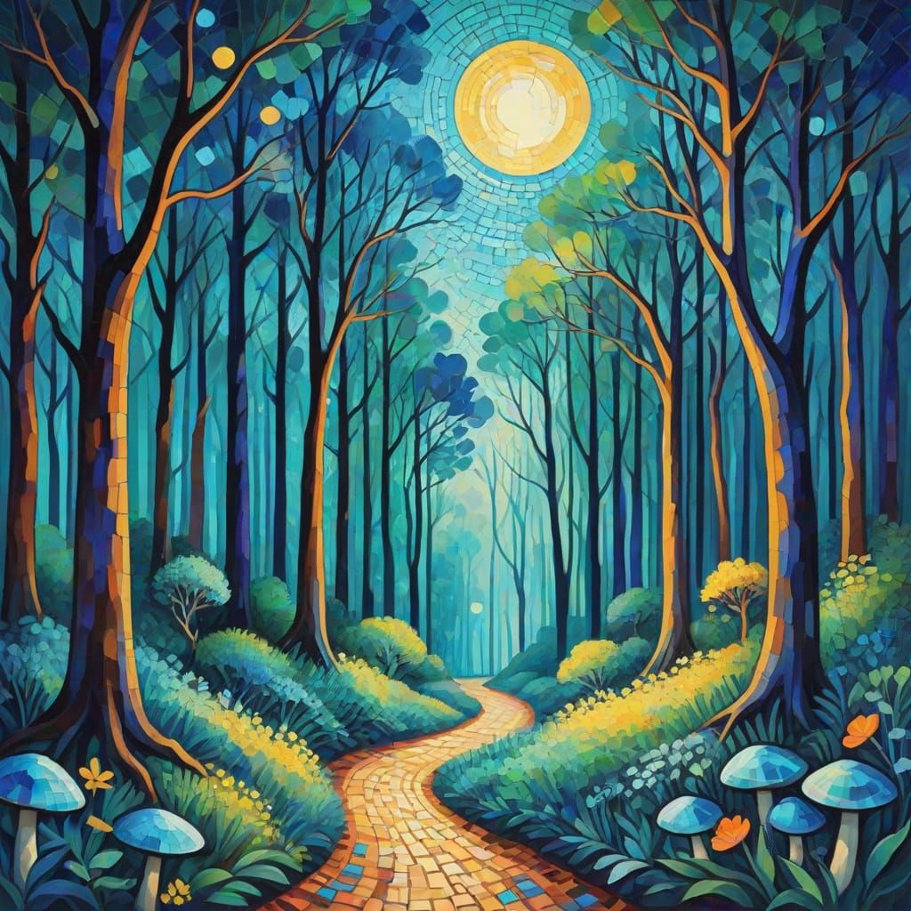 Moonlit forest path.