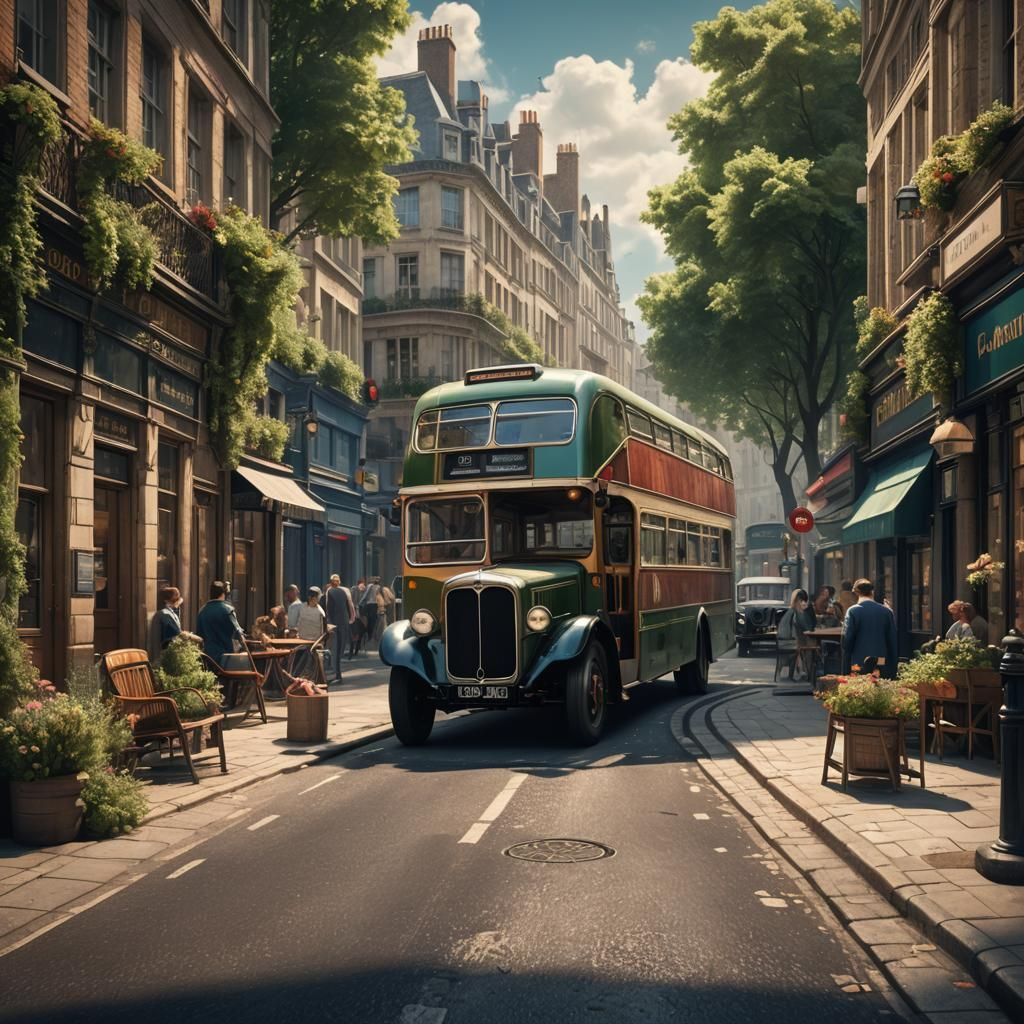 Vintage French City Bus in London, Detailed Matte Painting