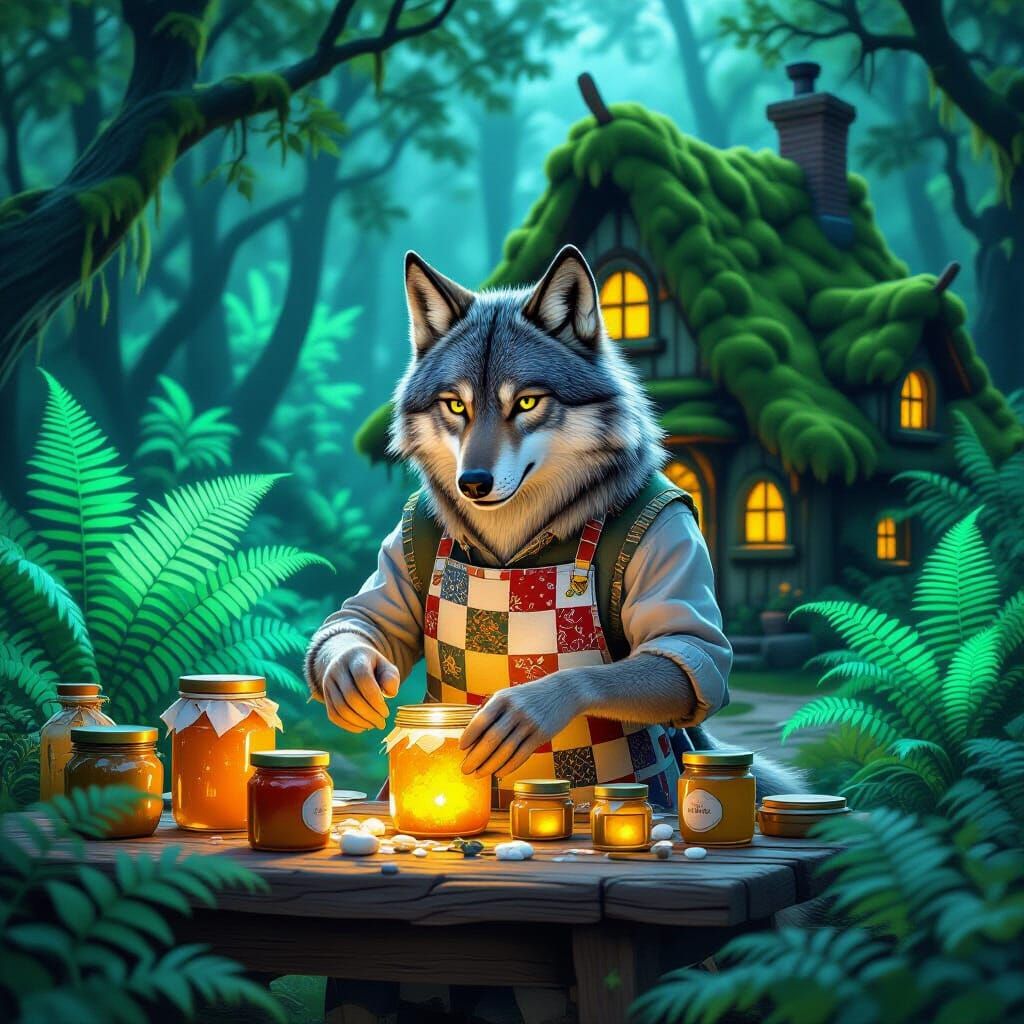 Whimsical Wolf Arranges Glowing Honey in Magical Cottage Sce...