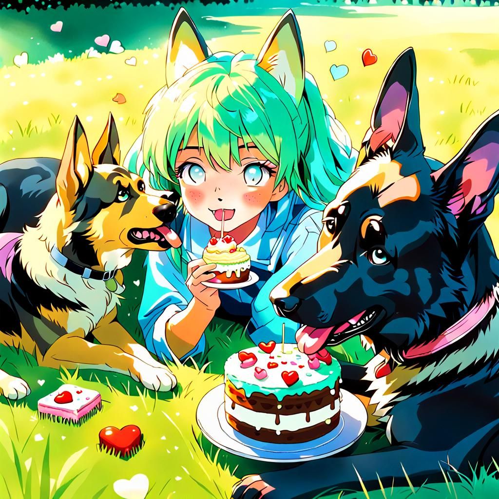 Anime Dog Enjoys Cake in Sunlight