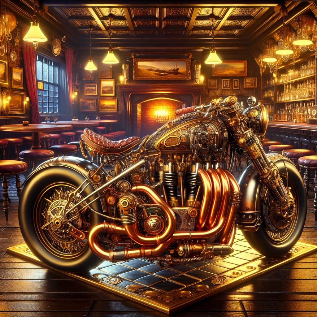 Steampunk Motorcycle in English Tavern as Digital Art
