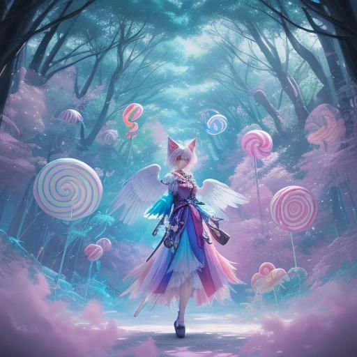 Anime Girl Fox with Candy in Dreamy Forest