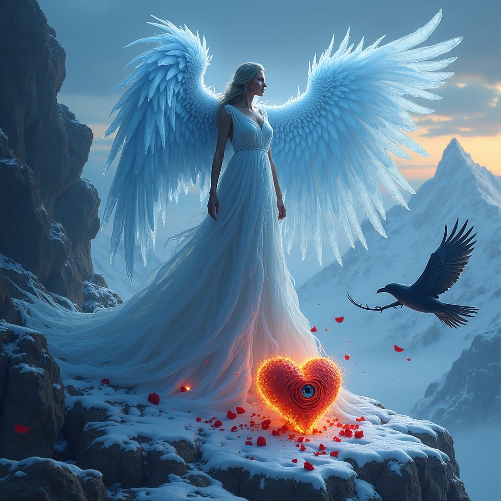 Goddess of Ice and Fire with Raven and Eagle