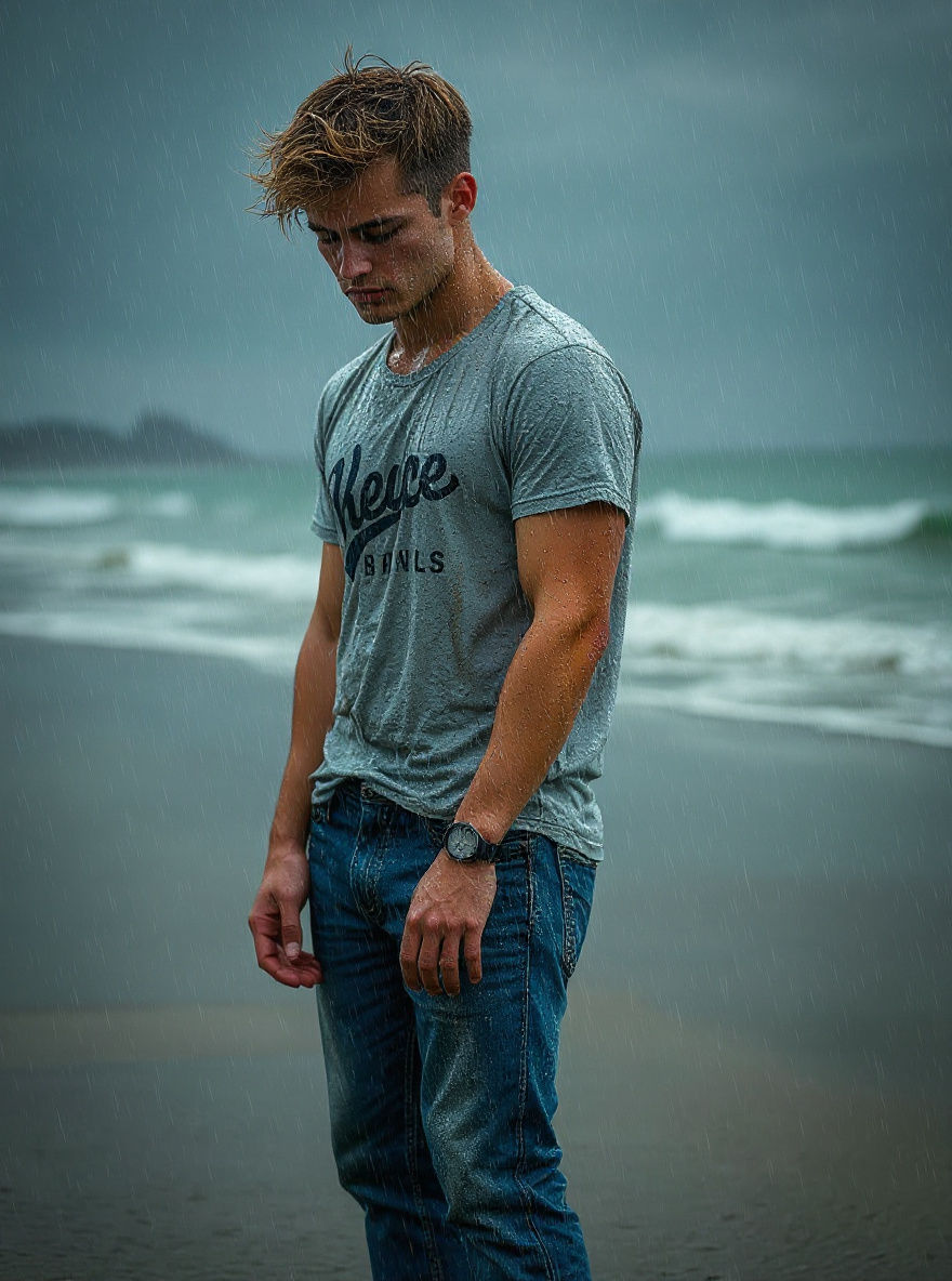 Blond Man Stands Sad in Rain: Cinematic Film Still