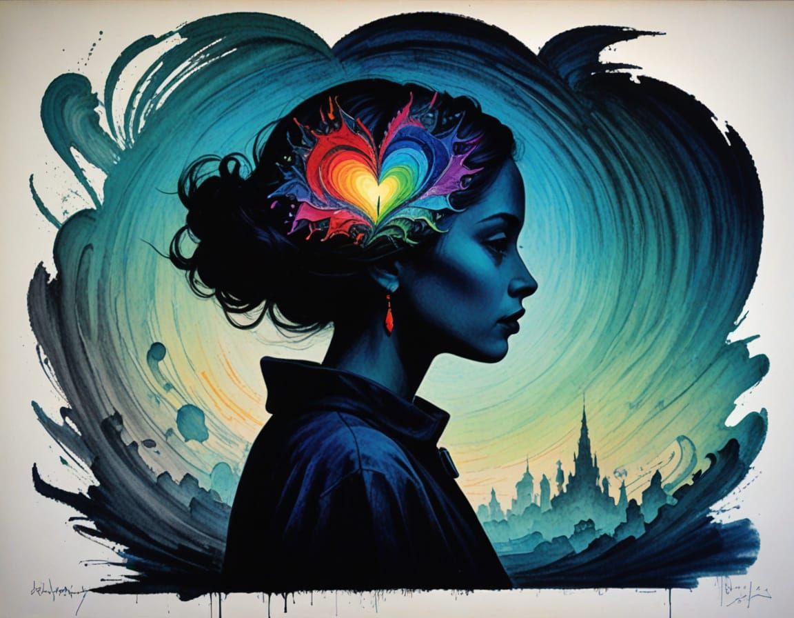 Vibrant Surreal Winged Heart in Whimsical Crayon Drawing