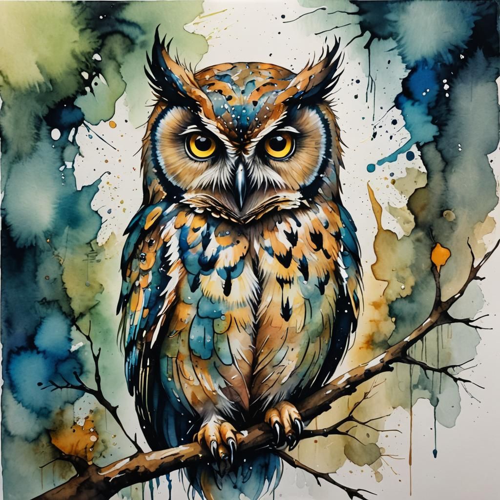 Watercolor Owl with Alcohol Ink Effects