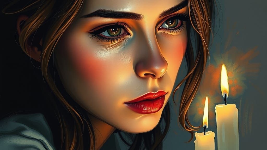 A Woman Lost in Thought, Radiant Candlelight, and Vibrant Dr...
