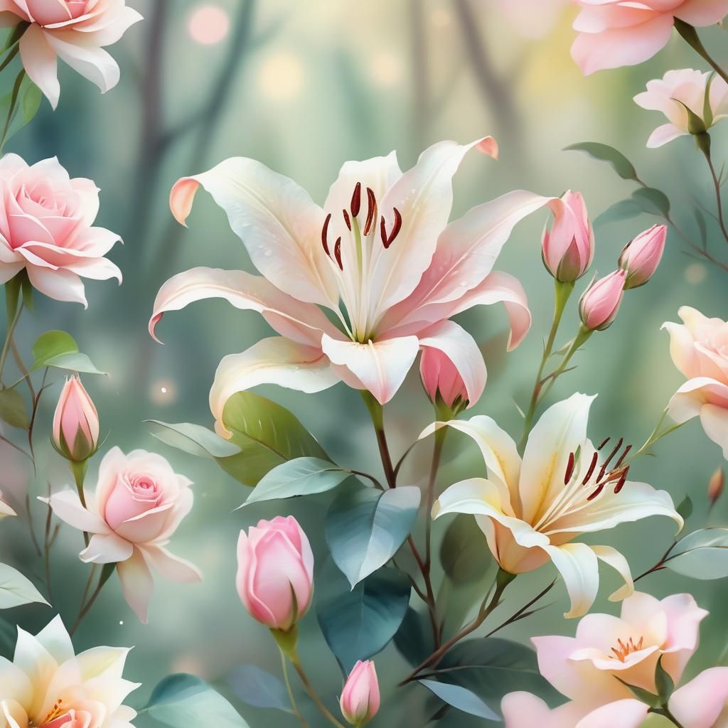 Lily Among Roses in Watercolor Digital Art