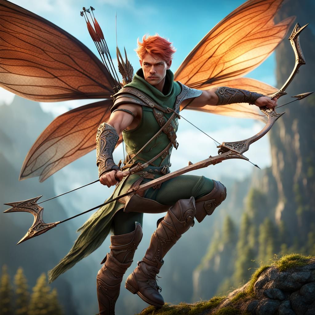 Fairy Ranger Soaring with Bow and Arrows