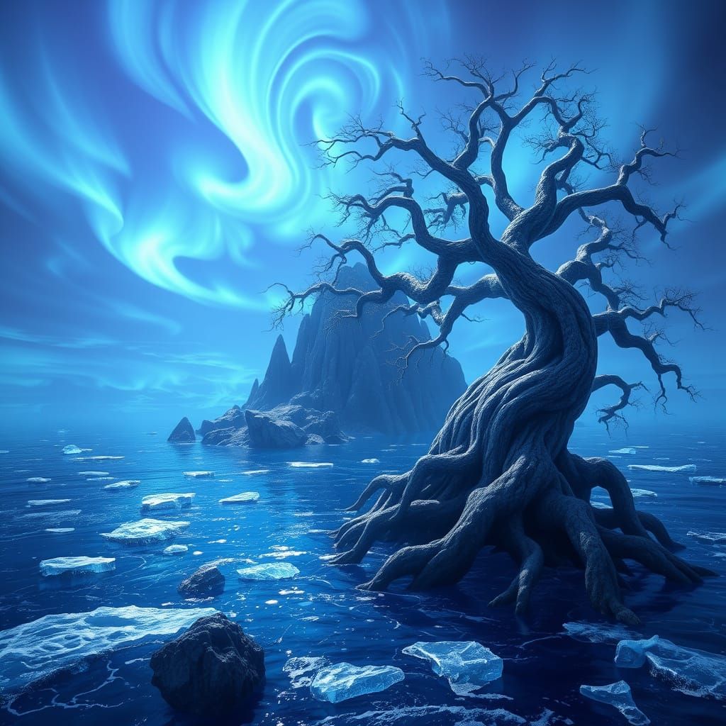 Ethereal Blue Island Scene in Dark Fantasy Style