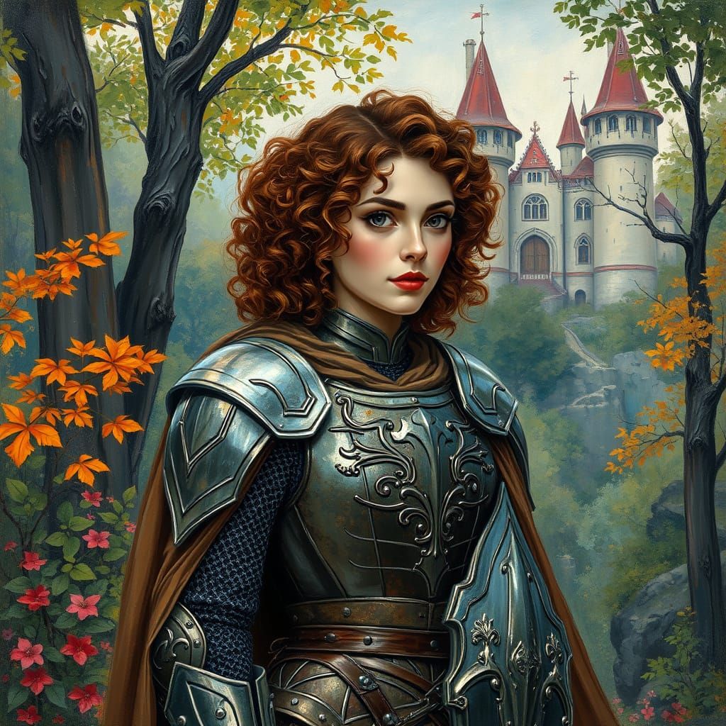 Woman Knight in Ornate Armor, Neo-Impressionist Style