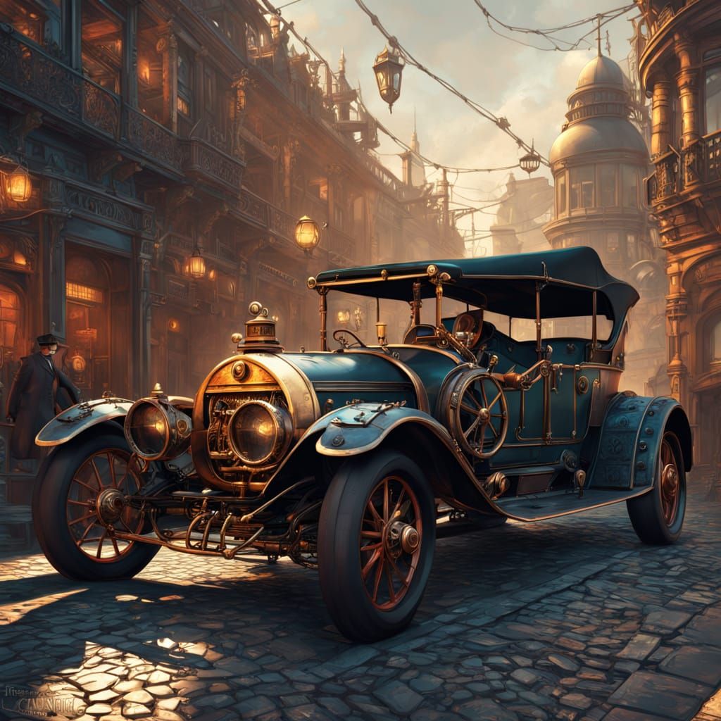 Steampunk Car on Victorian Street Digital Matte Painting