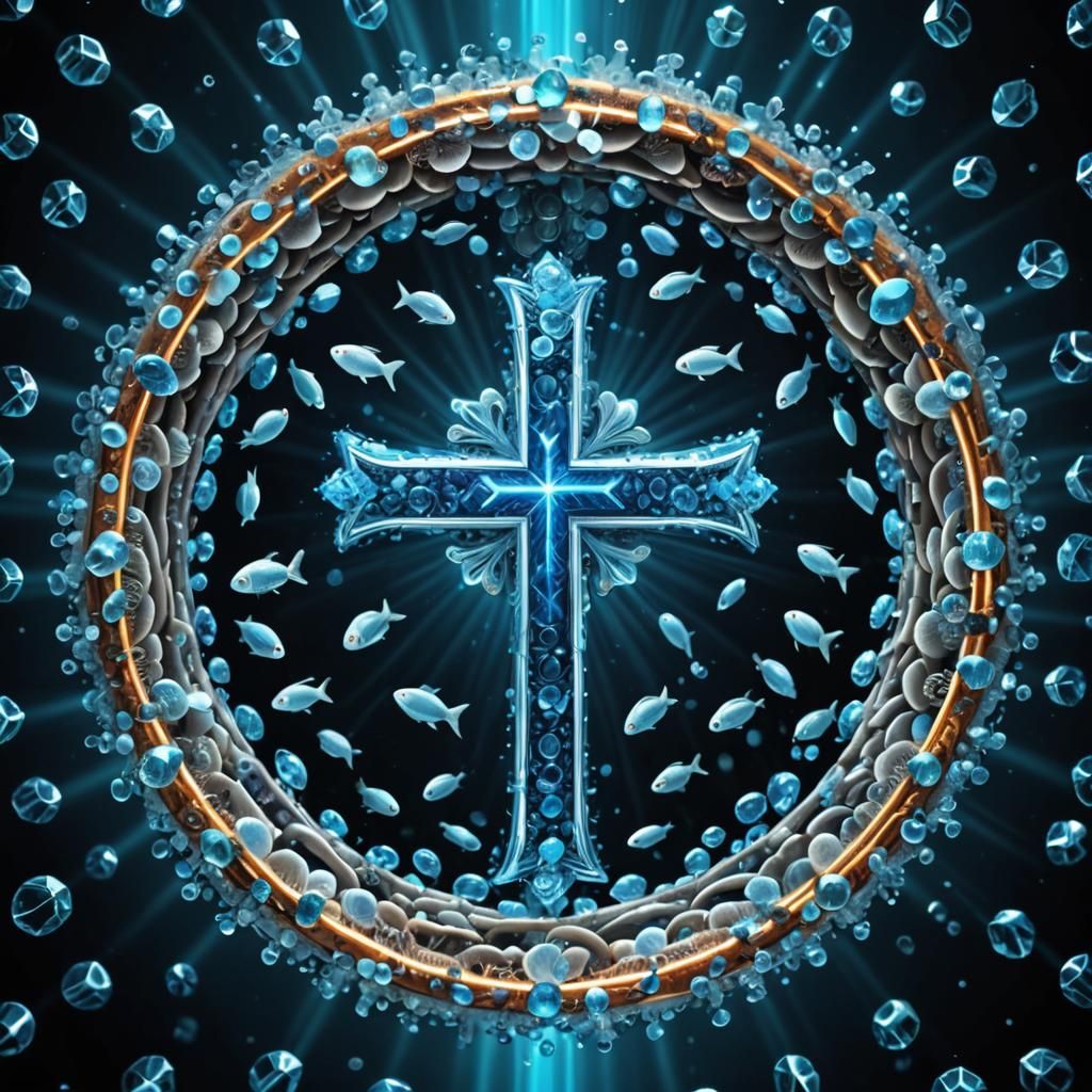 Crystal Cross Surrounded by Fish in Neon Blue