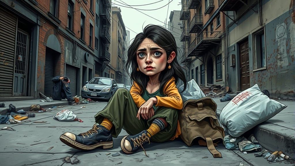 Gritty Portrait of Homeless Young Woman in Urban Decay