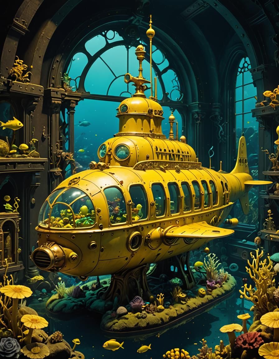Victorian Submarine in a Bioluminescent Deep-Sea Landscape