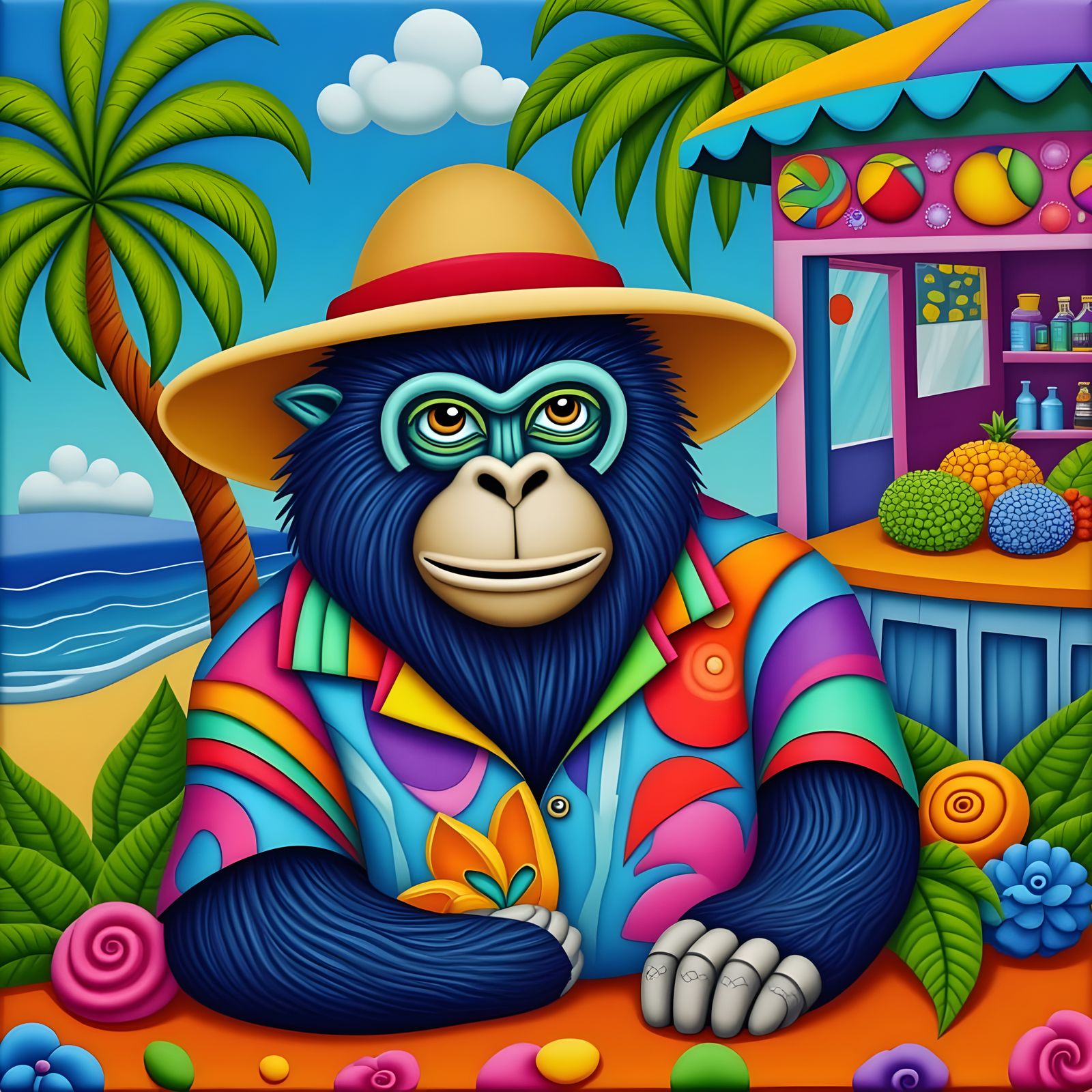 Colorful Surreal Gorilla at Beach Bar