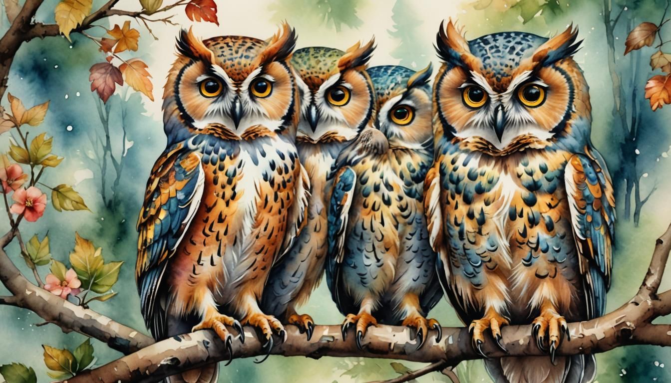 Cute Colorful Owls on Branch in Vintage Watercolor Style