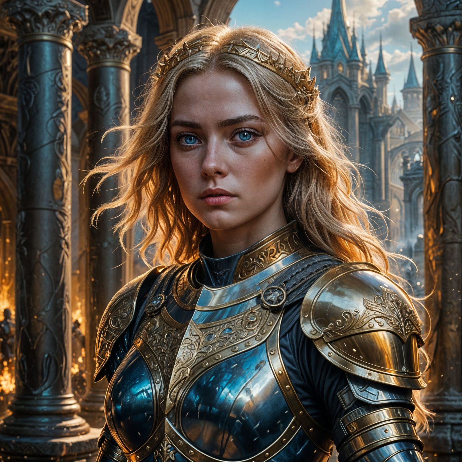 Armored Blonde Woman Warrior with Blue Eyes