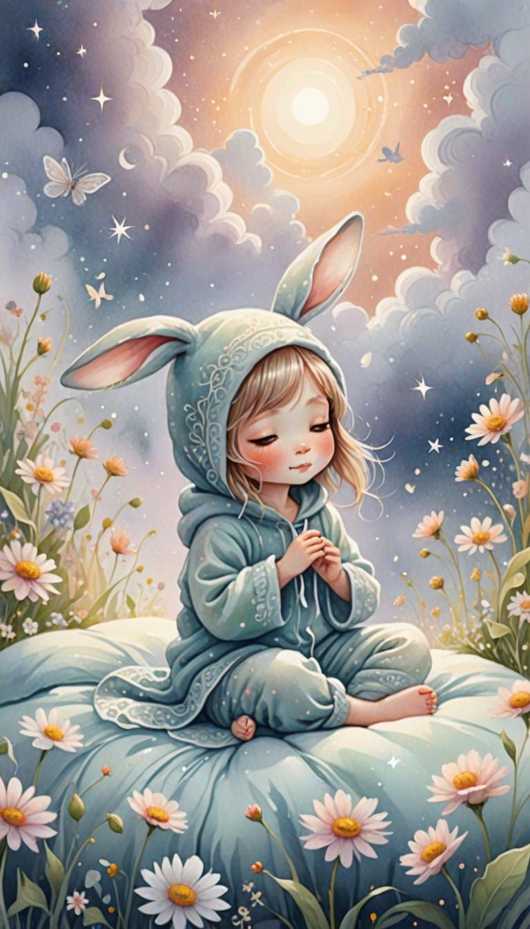 Dreamy Whimsical Watercolor Scene of Chibi Baby in Clouds