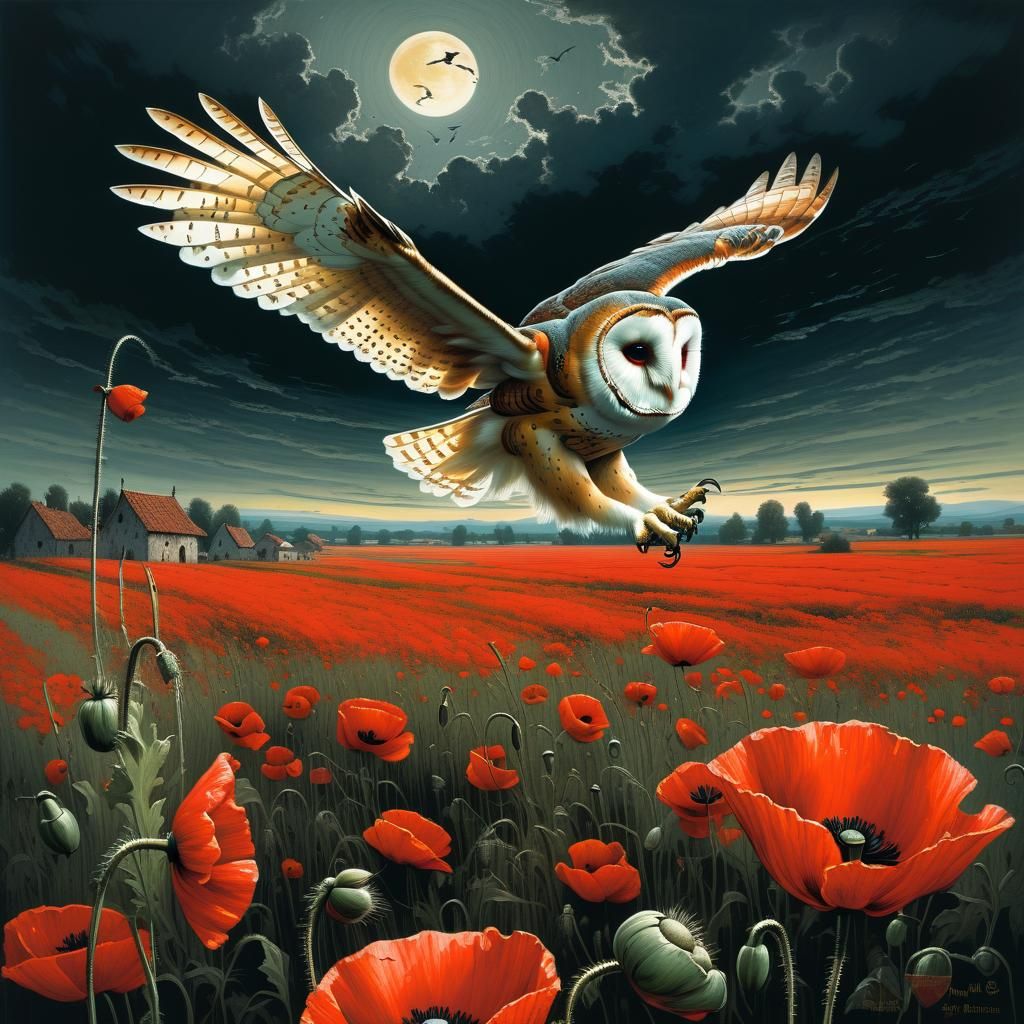 Barn Owl Soaring Over Poppy Field: Dark Fantasy Art