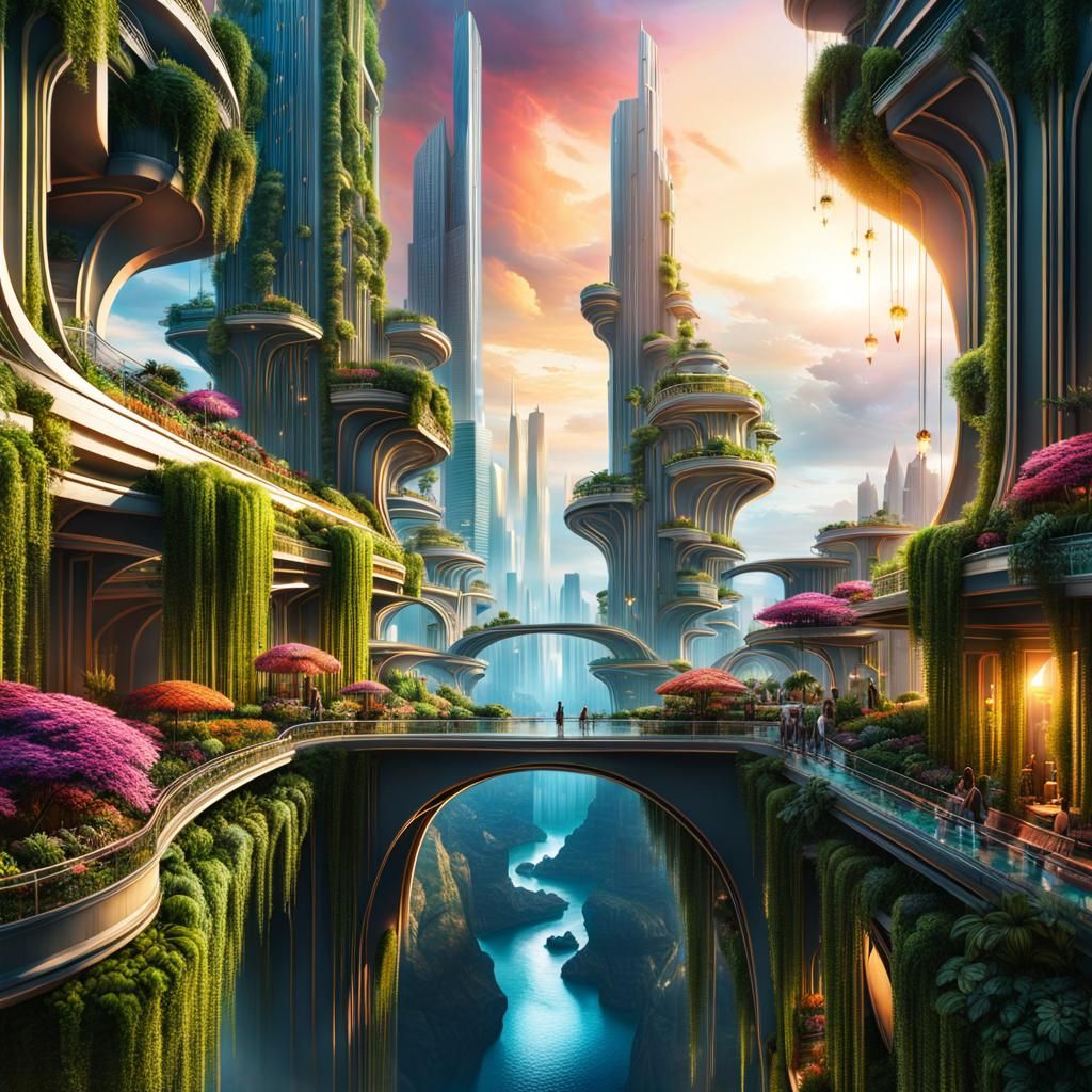 Spectacular Futuristic Cloud City at Sunset