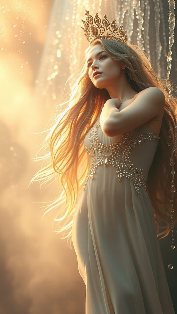 Ethereal Woman in Golden Light, Hyperrealistic Scene