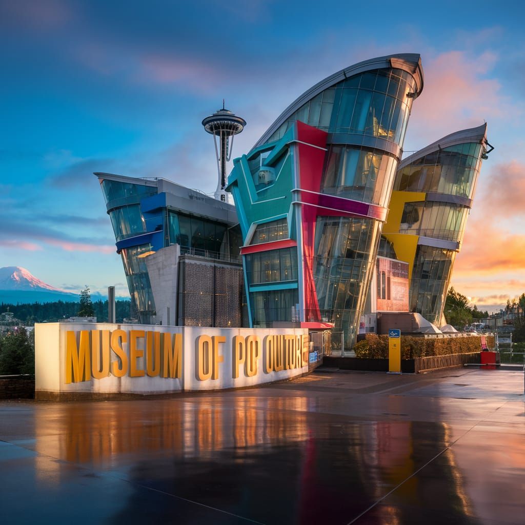 Museum of Pop Culture with Space Needle and Rainier