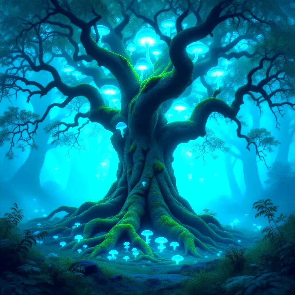 Ancient Oak in Bioluminescent Forest Clearing