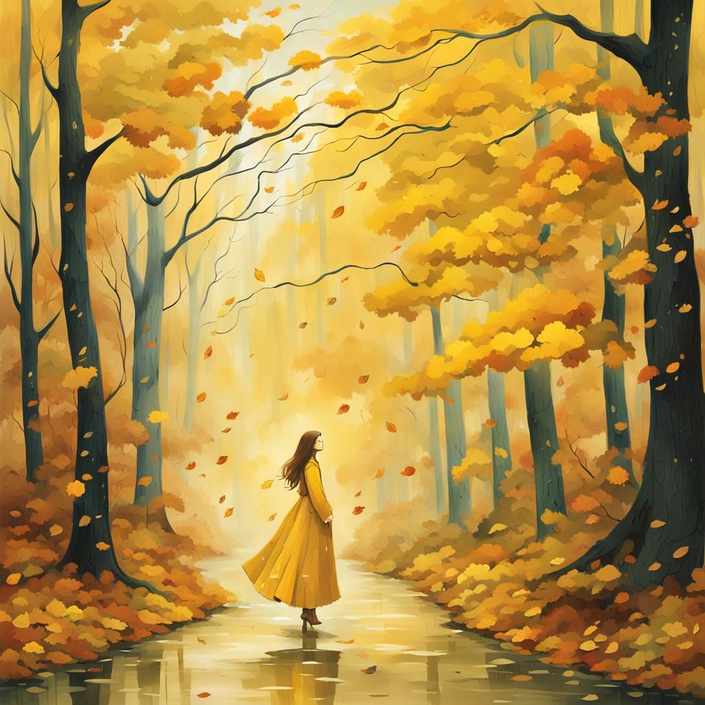 Woman Walks Through Rainy Autumn Forest: Photography