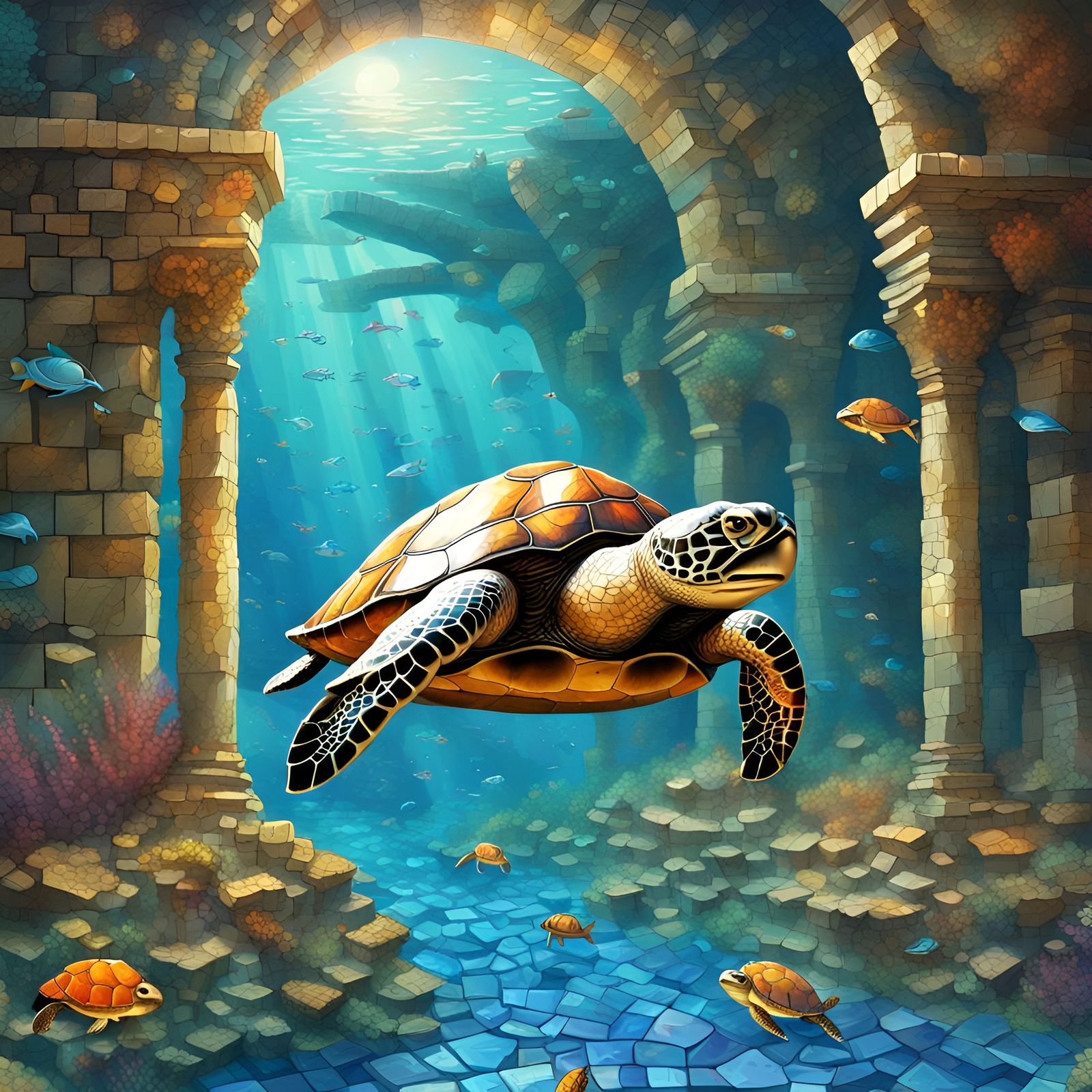 Turtle Swimming Through Atlantis Ruins: Mosaic Art