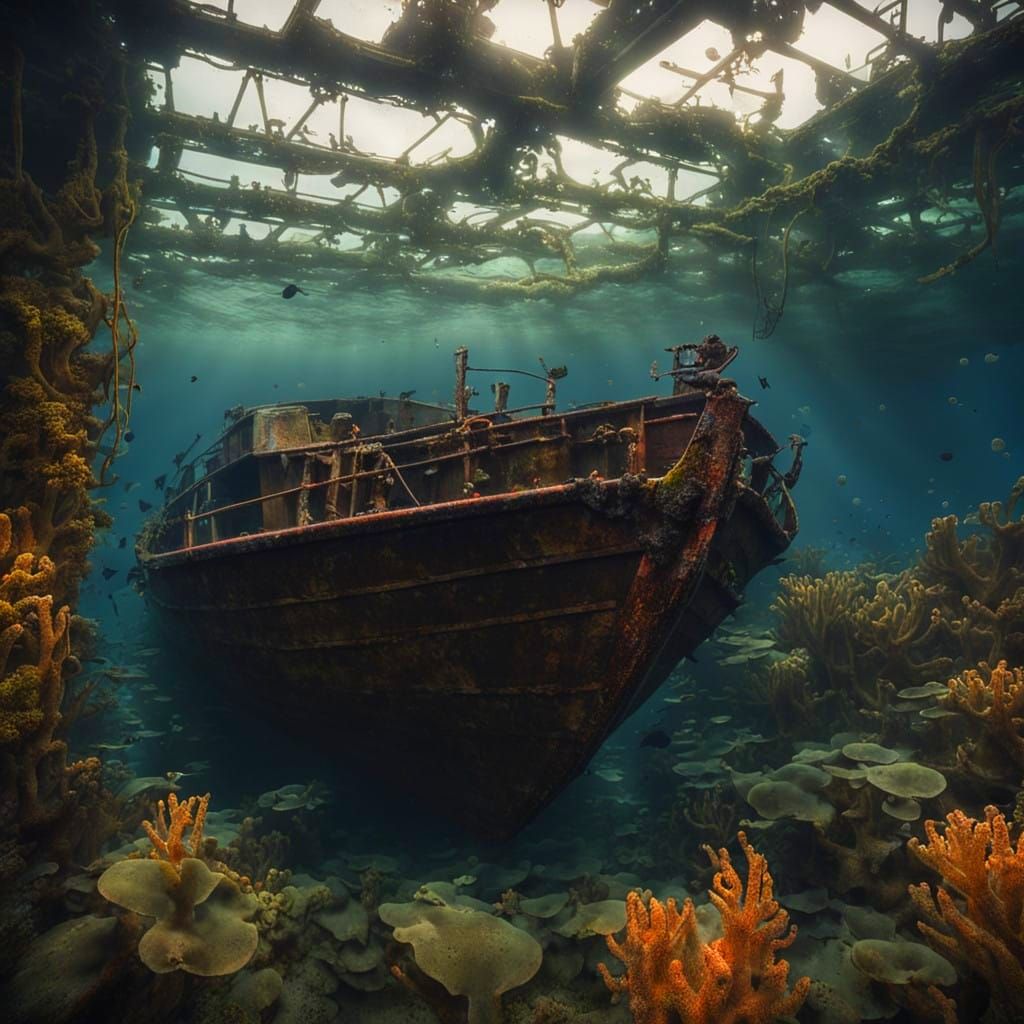 Surreal Underwater Scene of a Rusted Sunken Boat