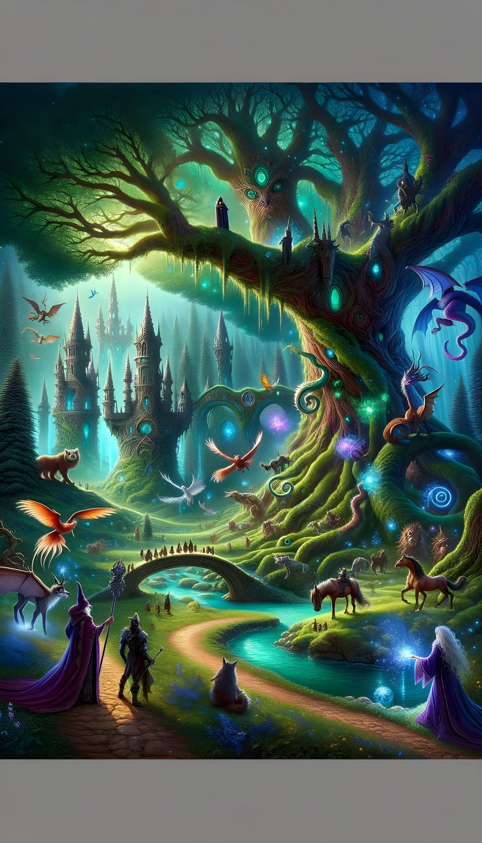 Enchanted Forest Scene with Wizards and Mythical Creatures