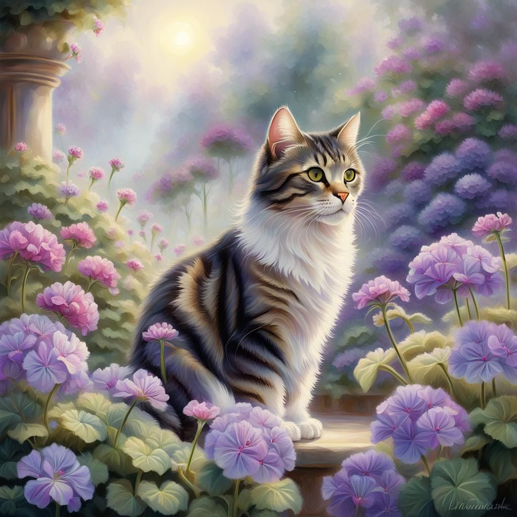 Tabby Cat in Geranium Garden: Ethereal Fantasy