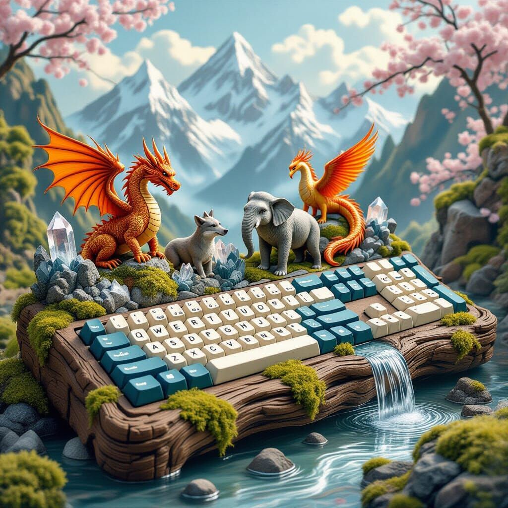 Surreal Keyboard with Mystical Sculptures