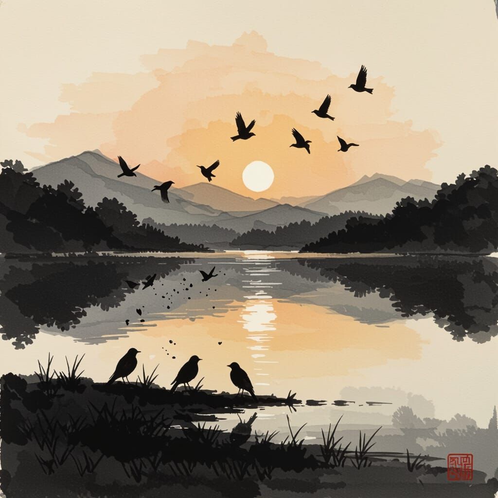 Birds Praising Creator at Dawn, Japanese Minimalism