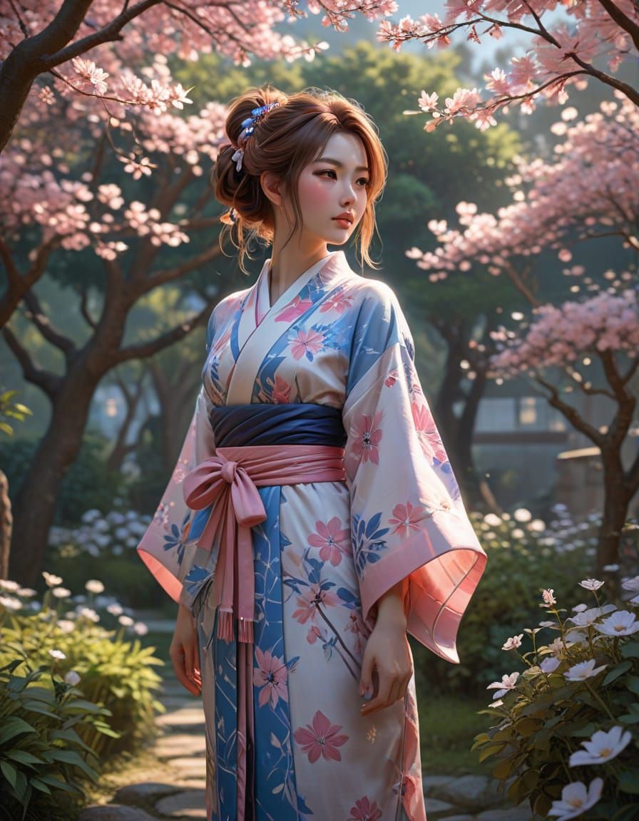 Kitsune Girl in Serene Japanese Garden