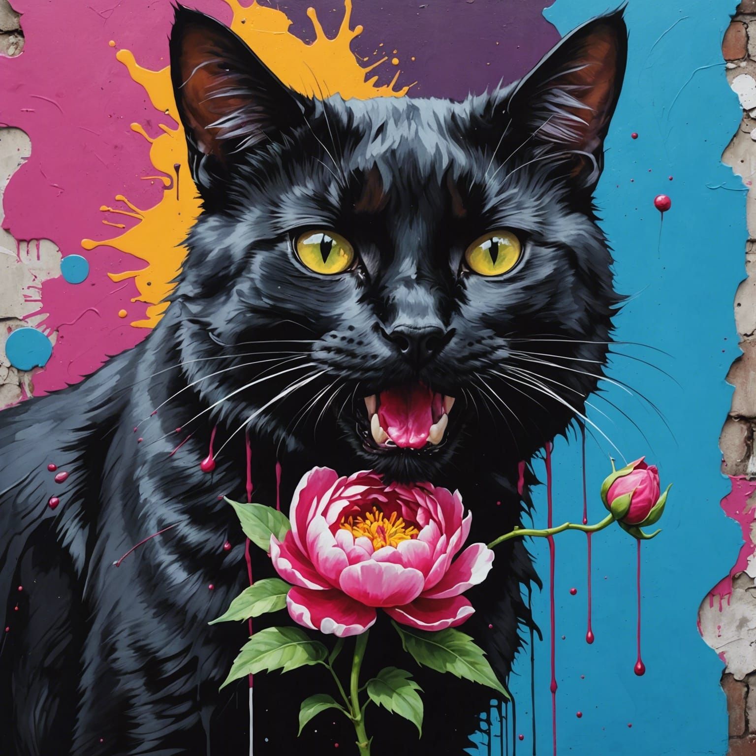 Black Cat with Peony Flower in Graffiti Art Style