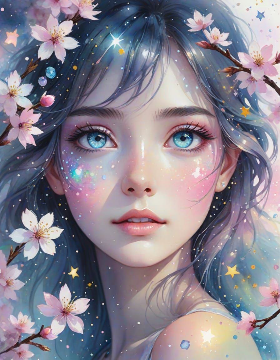 Opal Eyes and Cherry Blossoms in Watercolor