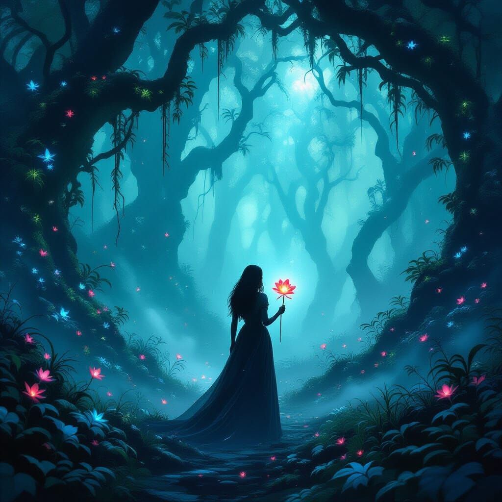 Solitary Woman in Bioluminescent Forest with Glowing Flower