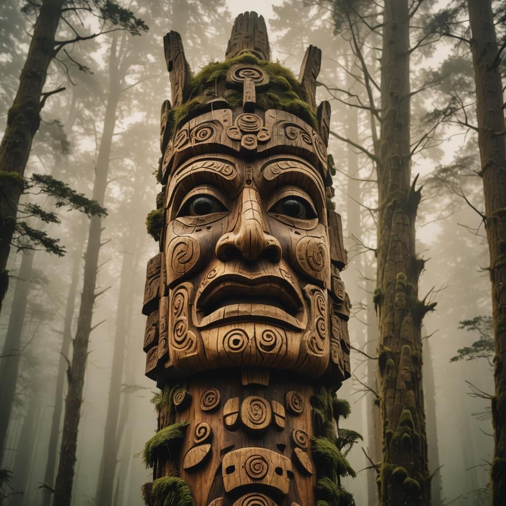 Intricate Totem Pole Sculpture in Misty Forest