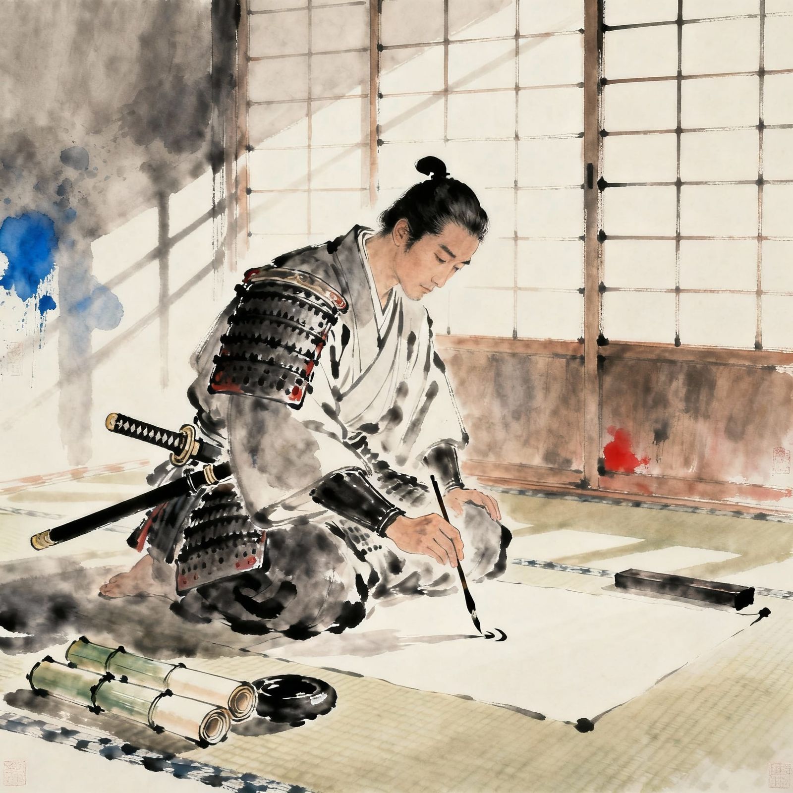 Samurai Practicing Calligraphy in Sumi-e Style