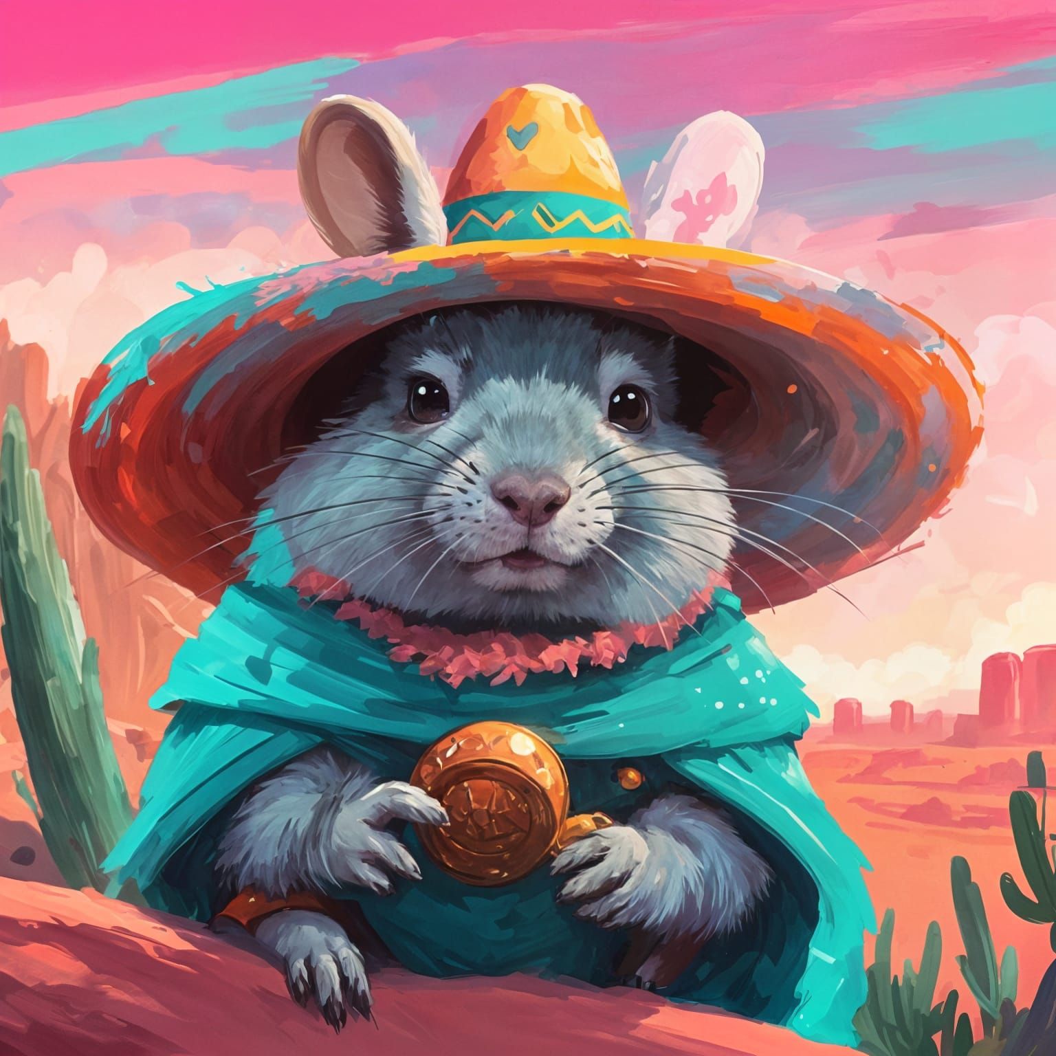 Chinchilla with Sombrero in Mexican Desert Painting