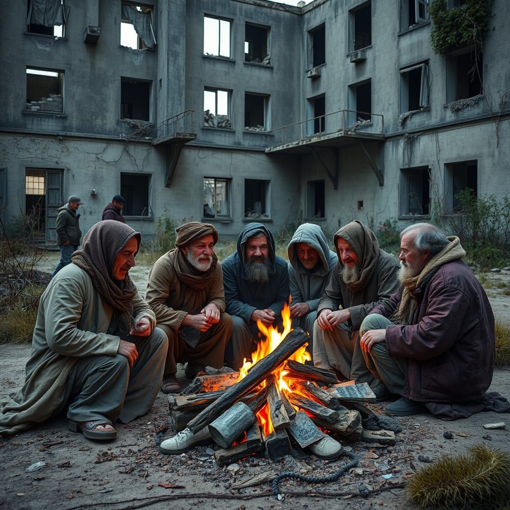 Abandoned Hotel: Homeless Gather Around Fire